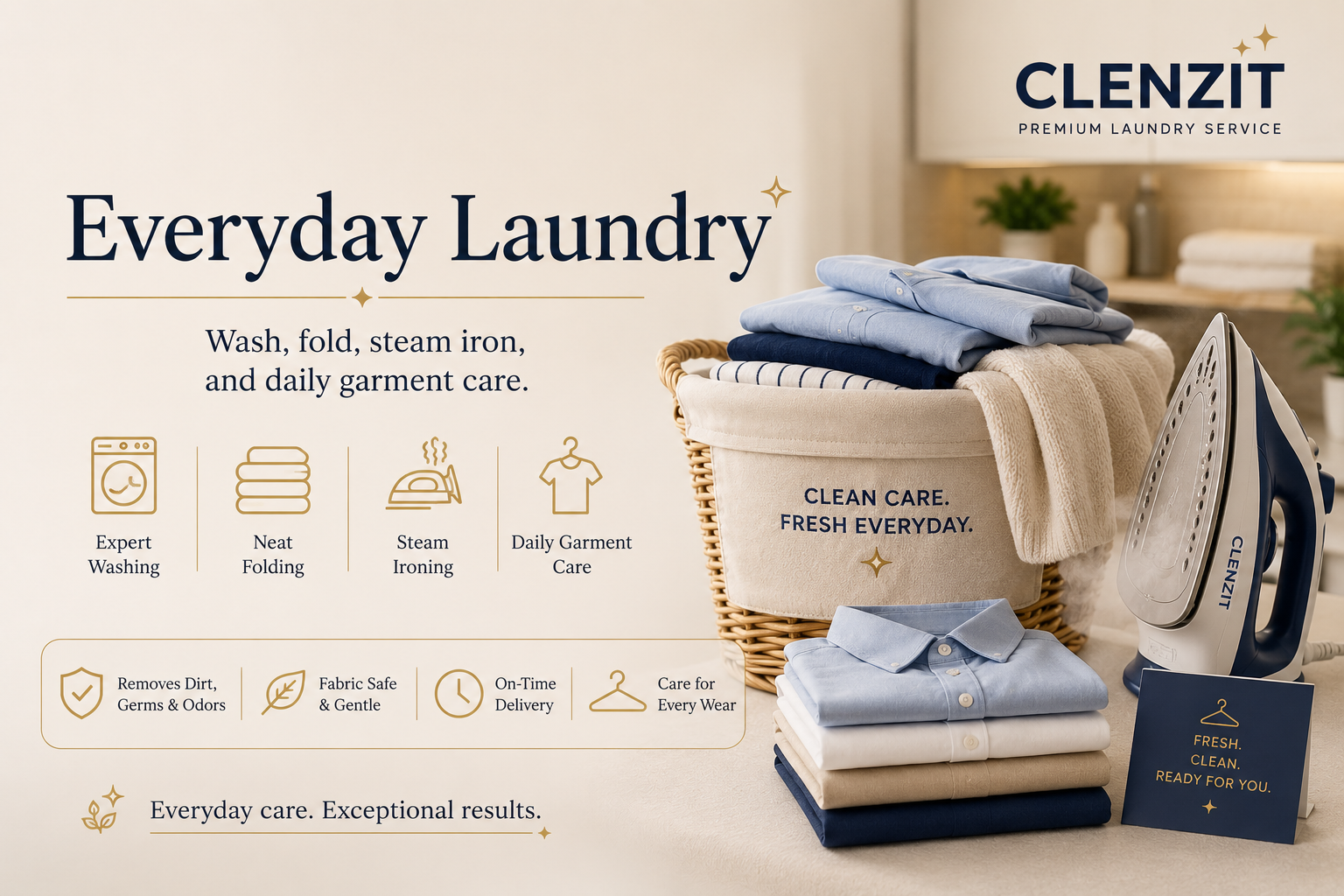 Clenzit everyday laundry wash fold steam iron and garment care