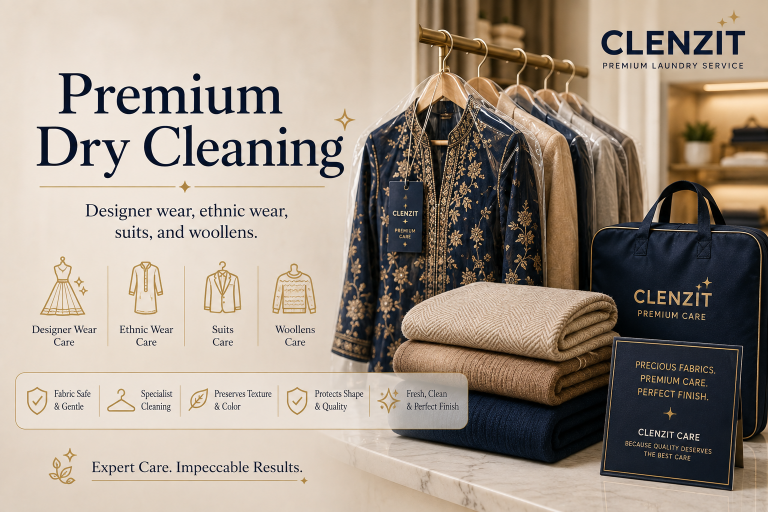 Clenzit premium dry cleaning for designer wear ethnic wear suits and woollens